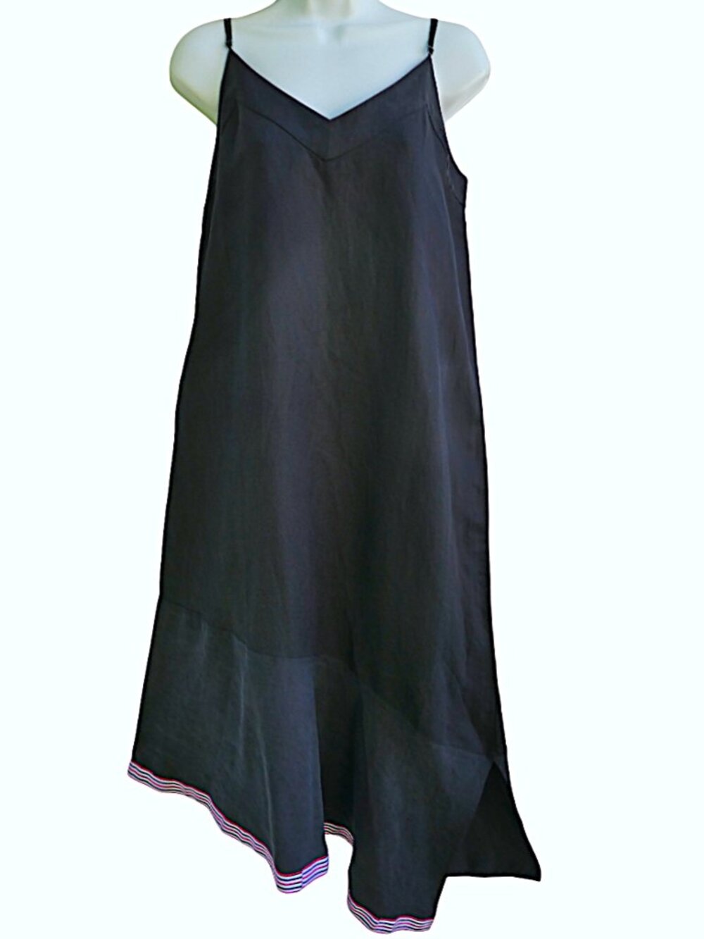 SiLK LiNeN Equipment Asymmetrical Maxi Slip Dress Navy Adj Straps Striped Border
